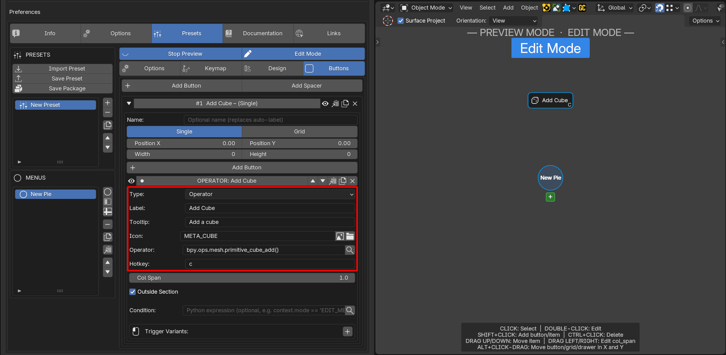 Create Pie Add Button settings
