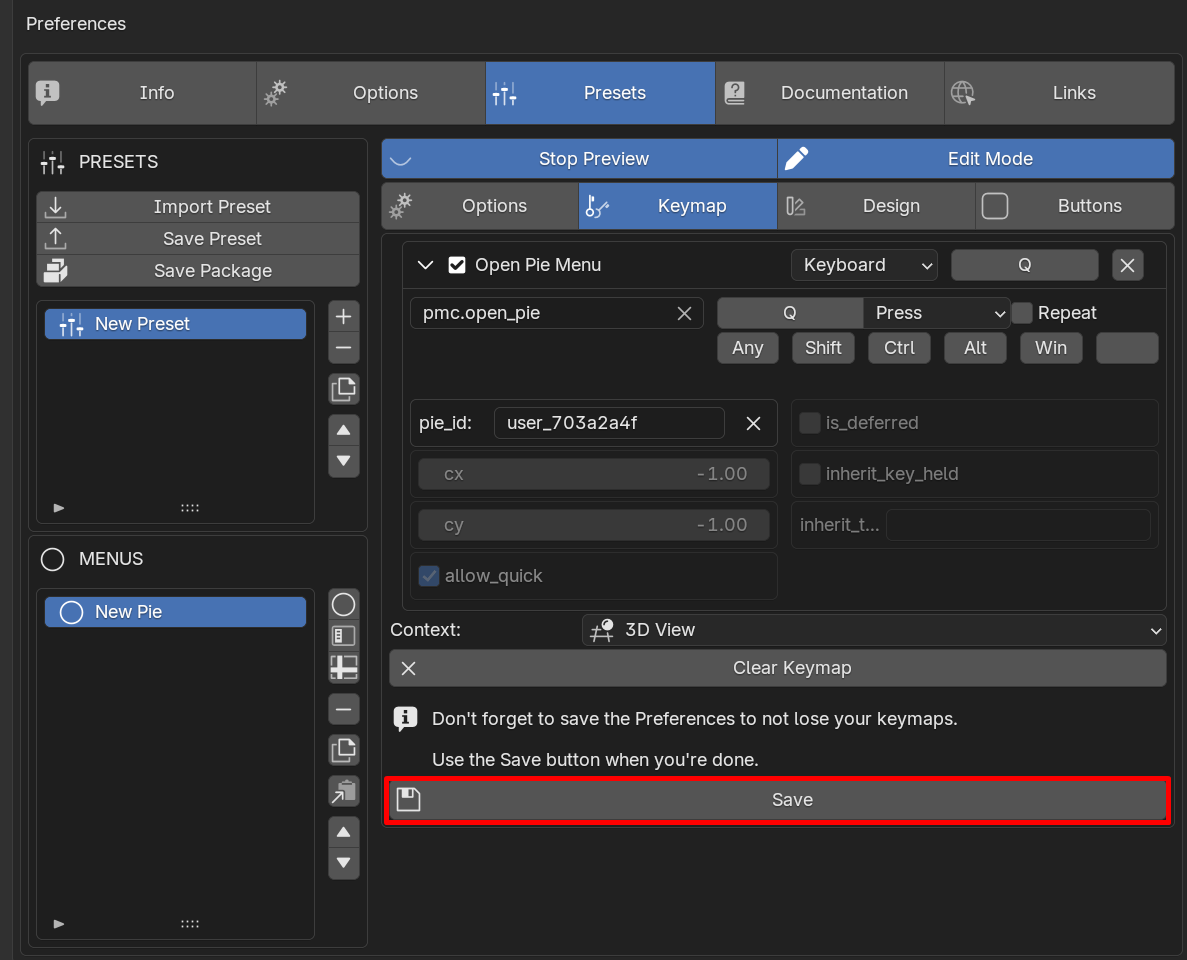 Create Pie Menu save Keymap